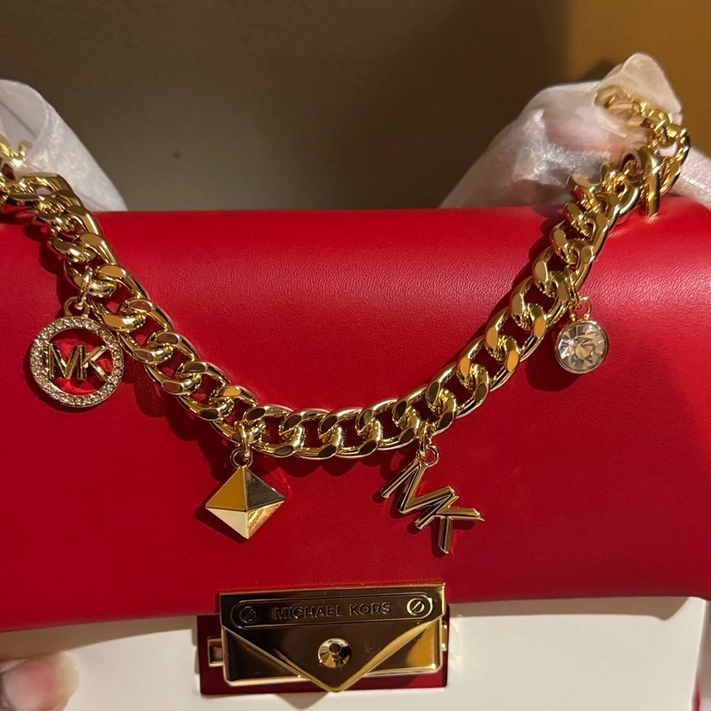NWT Michael Kors Bright Red Crossbody/Shoulder Bag With Beautiful Gold Charms - Picture 11 of 16